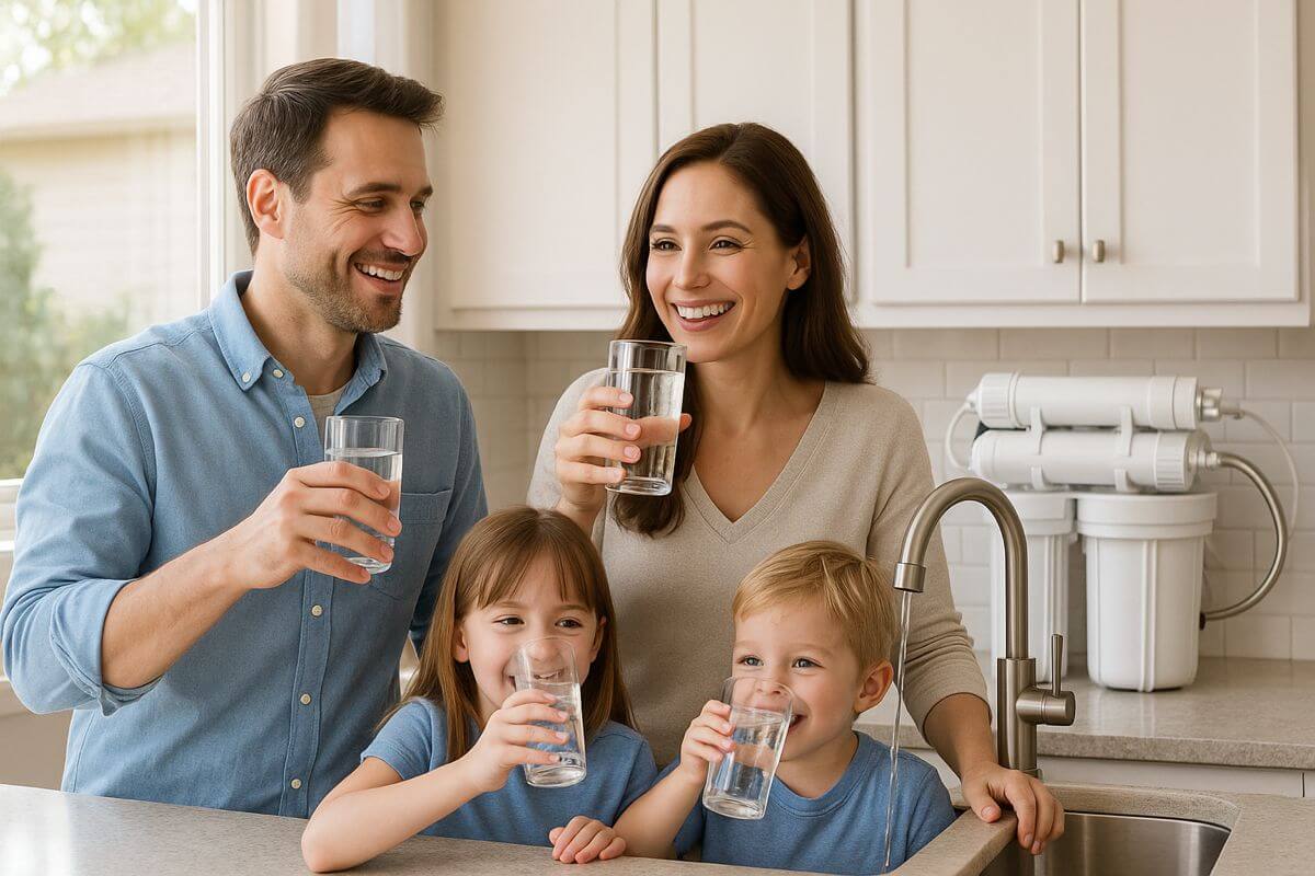 Family drinking clean purified water at home in Kurnool